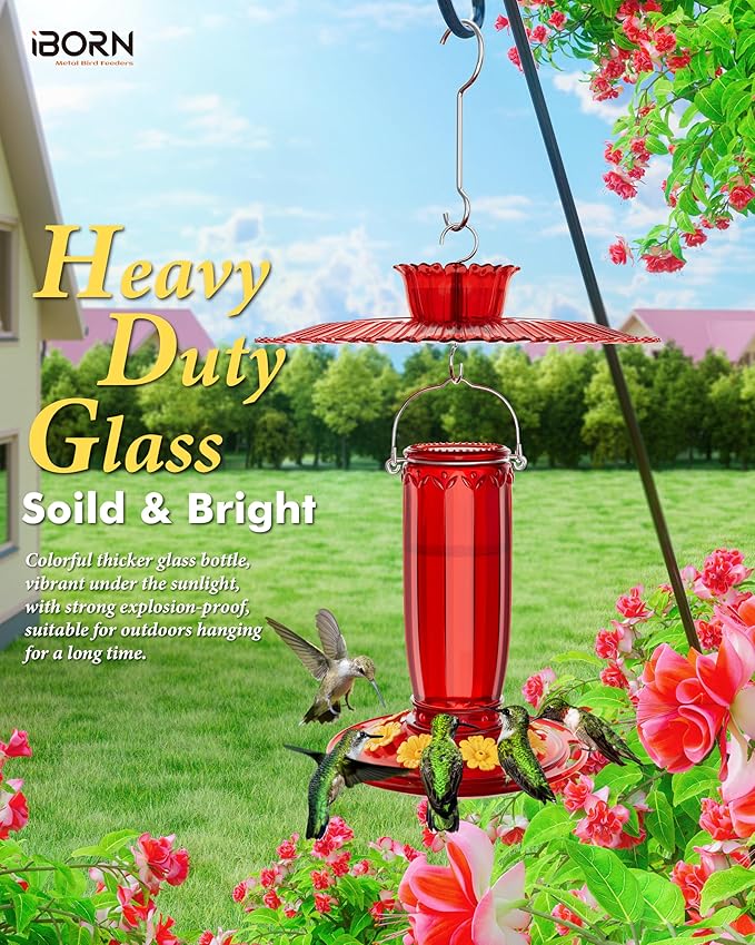 iBorn Hummingbird Feeders for Outdoors Hanging w/Sun Baffle,Ant Proof Moat for Hummingbird Feeder Glass, 8 Ports 16oz Humming Bird Nectar,Red Glass, Red Base,Pack of 1,2025 New