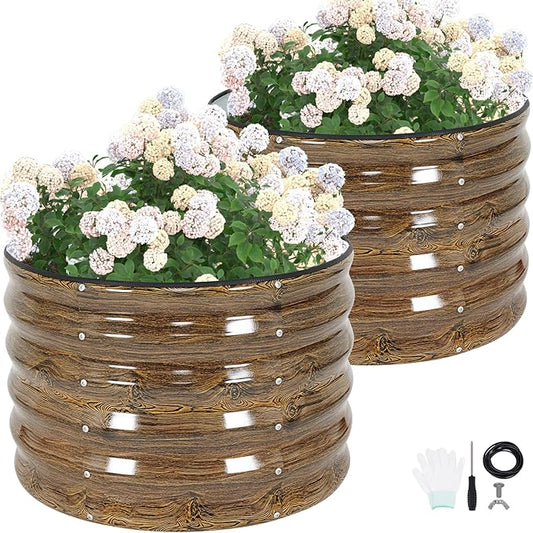 G GOOD GAIN Round Raised Garden Bed - 2x2x1.4ft Galvanized Steel Planter Boxes Outdoor with Rubber Edge Trim | Metal Raised Beds for Gardening Vegetables Flowers Fruits Herbs (Wood Grain)