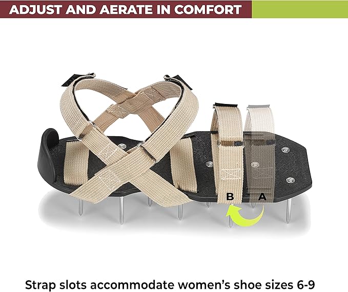 Lawn Aerator Shoes with Hook-and-Loop Straps, Pre-Assembled, Fully Adjustable, One-Size-Fits-All – Lawn and Garden Tool Reduces Thatch, Revives Soil Health (Camel)