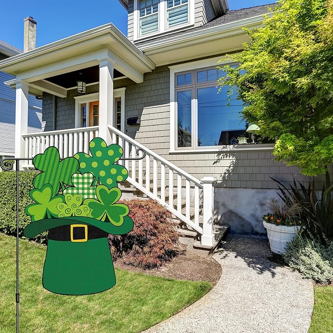 Heyfibro St Patrick's Day Garden Flag Banner Double Sided 13.4x18.9 Inch Shamrocks Green Hat Garden Flag Clover Yard Flags for Outside House Farmhouse Holiday St Patricks Outdoor Decorations