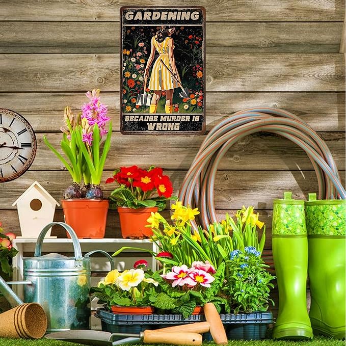 Funny Garden Signs for Plant Lovers-Garden Metal Signs"Gardening Because Murder Is Wrong",Unique Gardening Gifts for Women,Perfect Gifts for Plant Mothers Grandmas and Housewarming 8x12in