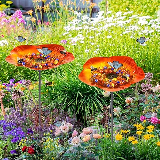 Tandefio 2 Pack Bee Watering Station Metal Butterfly Water Feeder Cup with 60 Colorful Glass Marble Vivid Flower Butterfly Bee Bath Bowl for Outdoor Garden Yard Decor(Golden Brown)