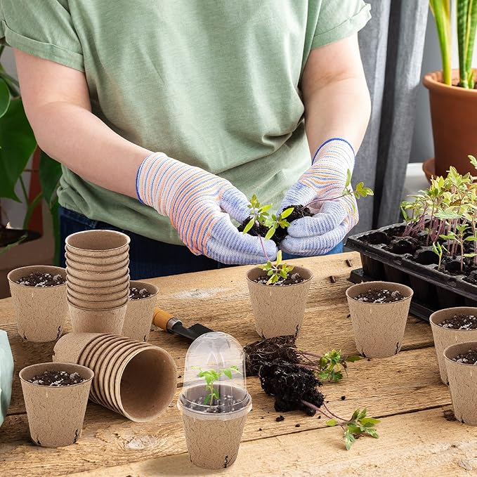 60 Set Plant Seeding Pots with Humidity Dome, 3 Inch Brown Biodegradable Seed Starter Pots, Plant Nursery Pots with Plant Labels for Seedlings, Garden Vegetable Germination