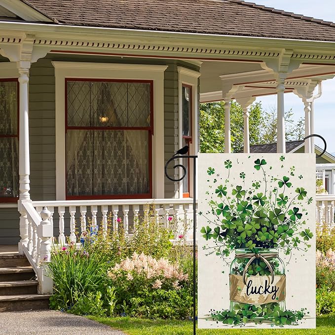 Lucky St. Patrick's Day Green Shamrocks Four-leaf Clovers Glass Bottle Garden Flag Yard Flag 12x18 Inch Double Sided Small Mini Yard Outdoor Outside Holiday Decoration