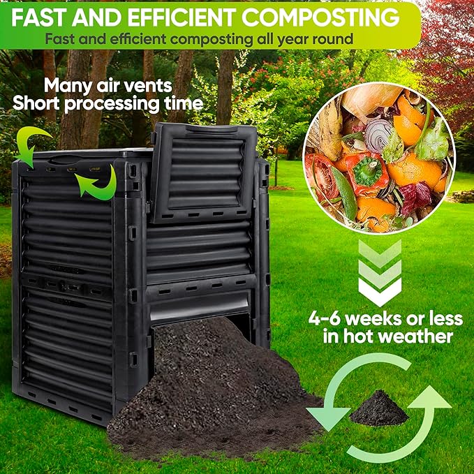 F2C Compost Bin 80 Gallon,Includes Gloves, Large Compost Bin w/Top Flip Latch-on Lid, Bottom Exit Door Aerating Outdoor Garden Compost Box,BPA Free Material for Backyard Outdoor, Black