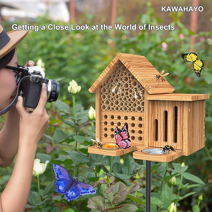 Mason Bee House Wooden Butterfly House with Feeders and Metal Stake, Insect Hotel for Garden Backyard, Natural Handmade Waterproof Bugs House, Attracts Bee, Butterfly, Ladybirds Pollinators