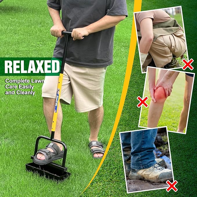 Adjustable Lawn Aerator Coring Tool with Soil Core Collection Tray, 4 Tines Manual Yard Air Grass Aerator Gardening Tool for Lawn Care Courtyards, 38''