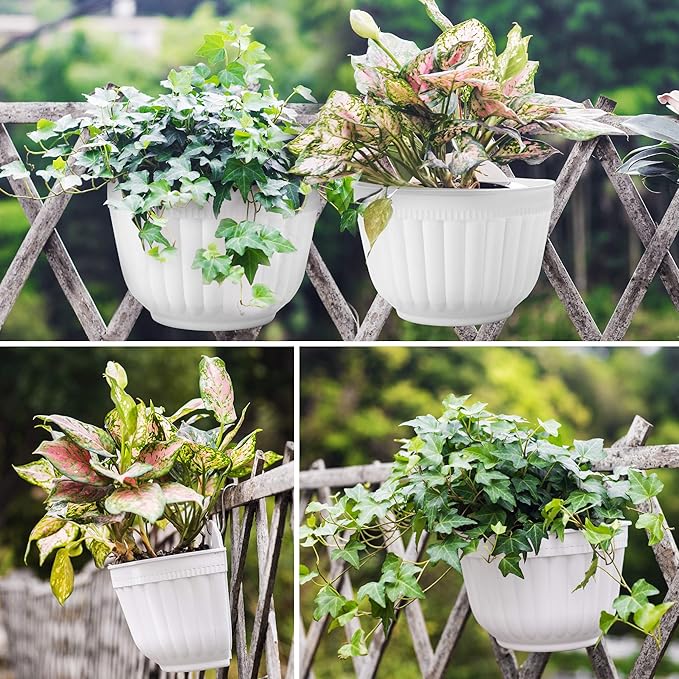 2 Pack White Plastic Wall Hanging Planters for Indoor Plants Wall Hanging Plant Holder with Drainage Hole Balcony Planters Railing Hanging Pot Fence Vertical Living Wall Mount Decor with Hooks