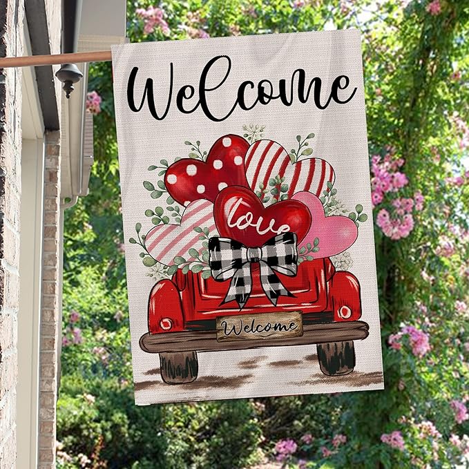 Valentines Day Flag, Valentine's Day Outdoor Decor Love Hearts Truck Yard Flag 28x40 Double Sided Red, Valentine Decorations Burlap House Flags Rustic Welcome Outdoor Farmhouse
