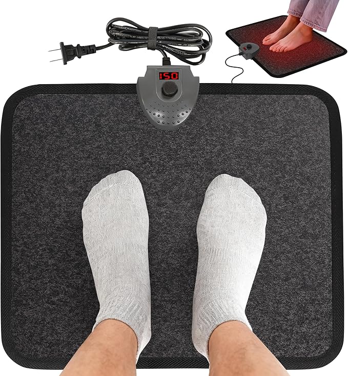 Heated Floor Mat Under Desk for Foot Warmer - Wider 110V Adjustable Temperature Electric Space Heaters Heating Pad - Carbon Crystal & Energy Saving Feet Warmers for Office,Home (Black Gray)