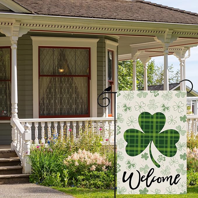 Welcome St. Patrick's Day Green Plaid Shamrocks Clovers Garden Flag Yard Flag 12x18 Inch Double Sided Small Mini Yard Outdoor Outside Holiday Decoration