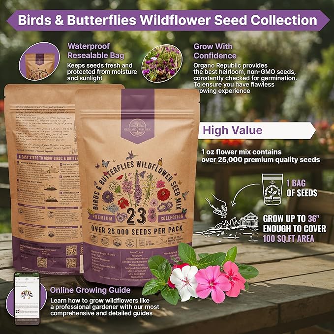 Organo Republic 23 Wildflower Seeds Annual & Perennial Mix for Indoor & Outdoors, Attract Birds & Butterflies 25,000+ Non-GMO, Heirloom Garden Seeds, 1oz Packet for Growing Wild Flowers