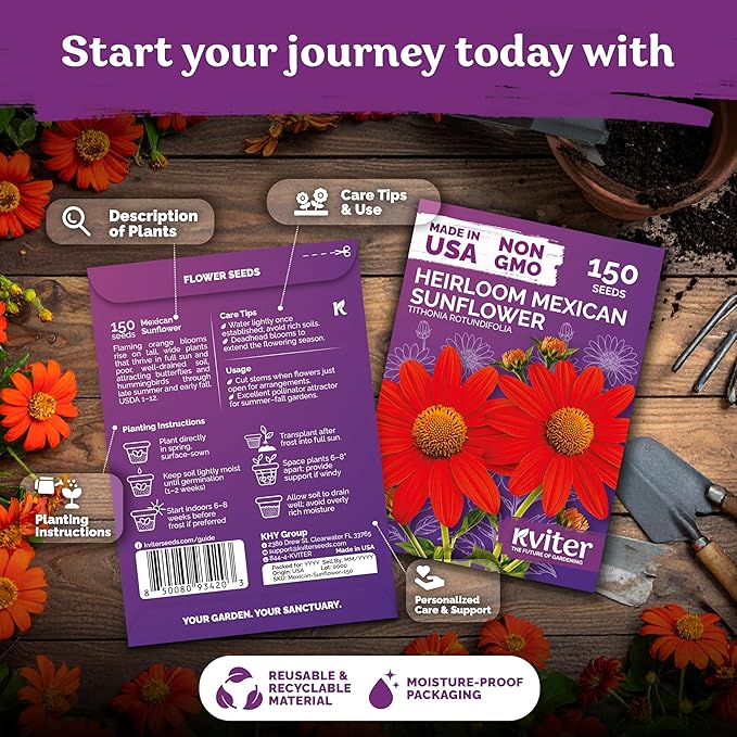 KVITER 150 Mexican Sunflower Seeds For Planting (Tithonia rotundifolia) – Tithonia Seed Packets Bulk, Red Sunflower Heirloom Seed Orange Sunflowers – Flower Seeds Garden Beds and Outdoor Flower Garden