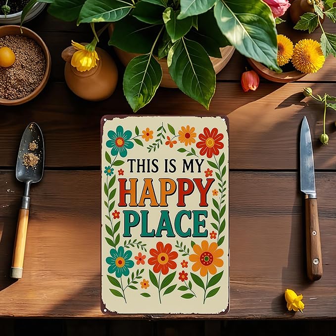 Funnysign Garden Gifts This Is My Happy Place Vintage Tin Sign for Home Garden Patio Yard Decor 8 X 12 Inch(3981)