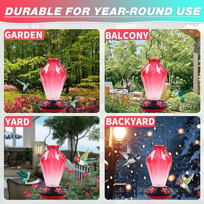 Glass Hummingbird Feeder for Outdoors Hanging, 25Oz Humming Bird Nectar Feeder, Perch, 5 Flower Feeding Ports, Leak Proof Base, Hook for Outside Garden Backyard, Gift for Women Mom, Diamond Red