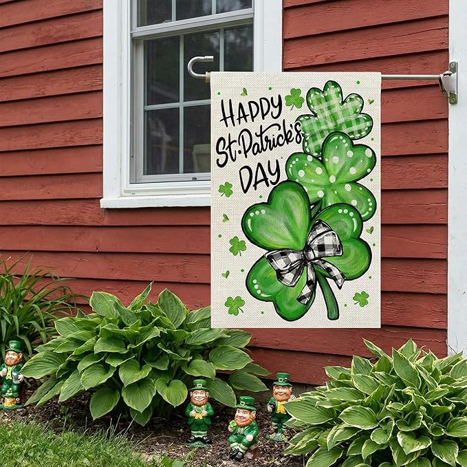 CROWNED BEAUTY St Patricks Day Shamrocks House Flag 28x40 Inch Double Sided Green Decoration for Outside Yard CF1928-40