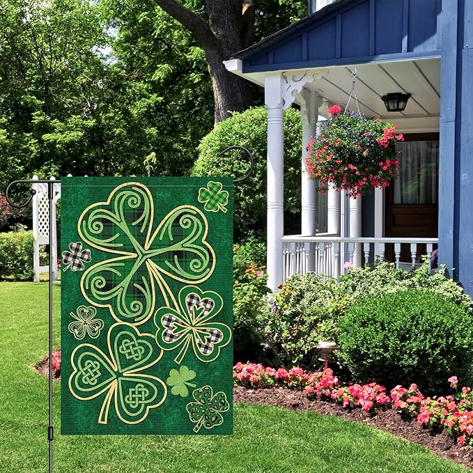 Louise Maelys Welcome St. Patrick's Day Garden Flag 12x18 Double Sided Vertical, Burlap Spring Small Lucky Shamrock Clover Yard Banner Sign Buffalo Plaid Home Outside Outdoor Decor