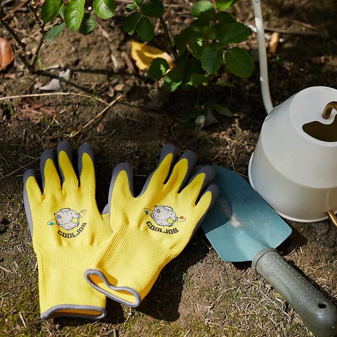COOLJOB 3 Pairs Kids Gardening Gloves for Age 6-8, Children Grippy Rubber Coated Garden Work Gloves, Orange & Green & Yellow, Medium Size (3 Pairs M)