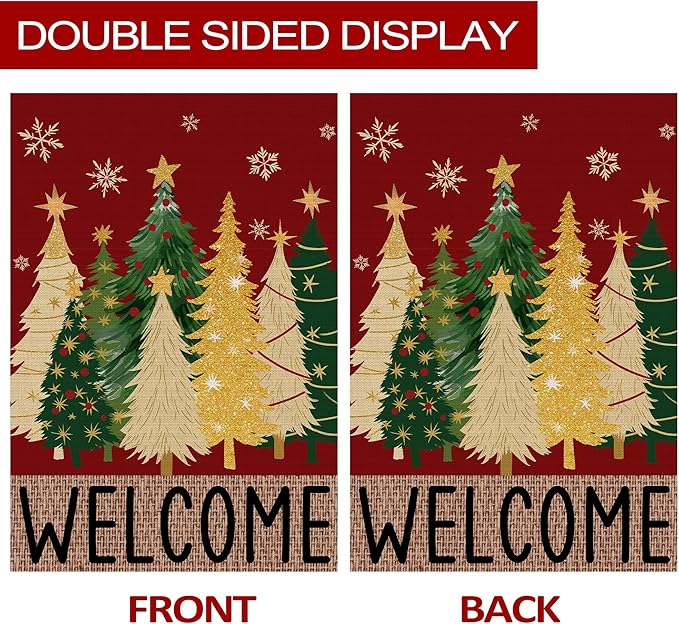 Merry Christmas Garden Flag, Christmas Trees Yard Flag 12x18 Double Sided Red Outdoor Decorations, Winter Trees Holiday Decor Welcome Burlap Garden Flag Rustic Outdoor Farmhouse Xmas for Porch Yard