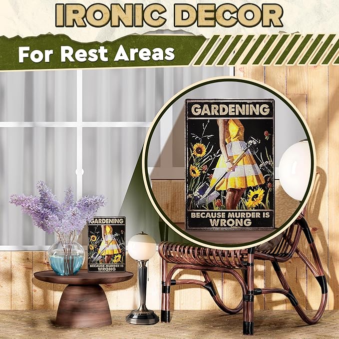 Funny Garden Signs for Outside - Gardening Because Murder is Wrong Sign 8x12 In Vintage Funny Metal Signs for Outside - Unique Gardening Gifts for Women | Gardener's Backyard, Patio and Porch Decor