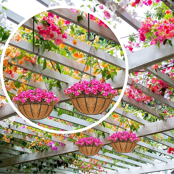 6 Pack 24 Inch Long S Hooks for Hanging Plants, Heavy Duty Metal Tree Branch Hangers Extenders for Bird Feeders Flower Baskets Wind Chimes Black Vinyl Coated Garden Hook