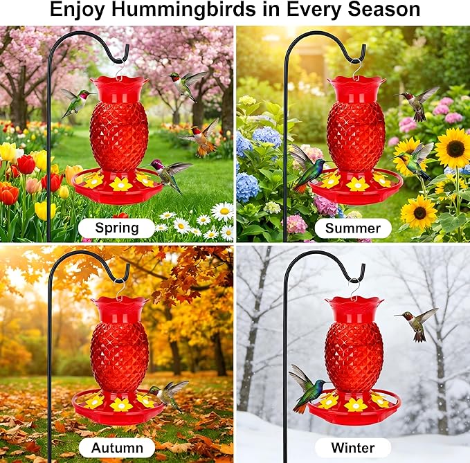 Glass Hummingbird Feeders for Outdoors Hanging Ant and Bee Proof 16OZ 1 Pack Red Pineapple Humming Bird Feeder with 6 Feeding Ports and Ant Moat Hummingbird Gifts for Women Garden Decor
