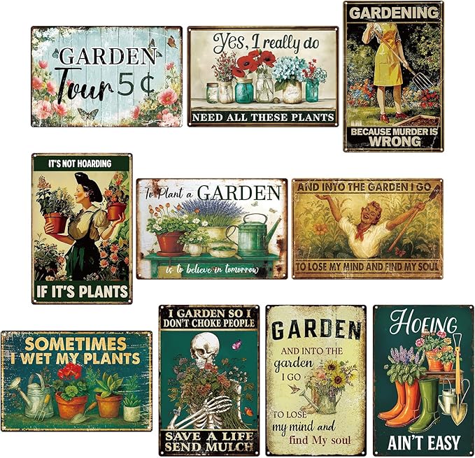 10 Pcs Vintage Funny Garden Metal Sign 12 x 8 Inch Rustic Garden Sign Retro Flowers Plant Greenhouse Wall Decor for Women Outdoor Indoor Home Patio Country Plant Lovers