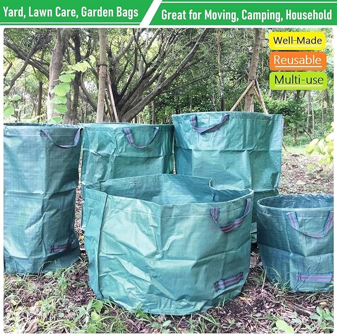 Standard 3-Pack 46 Gallon Lawn Garden Bags (D26,H19 inch) Yard Waste Bags W/Gardening Gloves for Leaf Bag,Yard Debris,Garden Trash Container,Camping Waste Bin,Lawn Grass Clippings,Weeds Bag 4 Handles