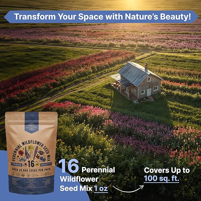 Organo Republic 16 Perennial Wildflower Seeds Mix for Indoor & Outdoors 25,000+ Non-GMO, Heirloom Wildflower Garden Seeds, 1oz Packet for Growing Wild Flowers to Attract Bees, Butterflies & Birds