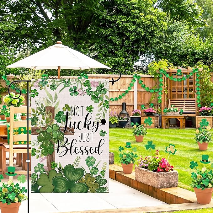 St Patricks Day Garden Flag 12x18 Inch Double Sided Outside, Not Lucky Just Blessed Shamrocks Clovers Cross Burlap Flag Decorations Outdoor Yard Decor