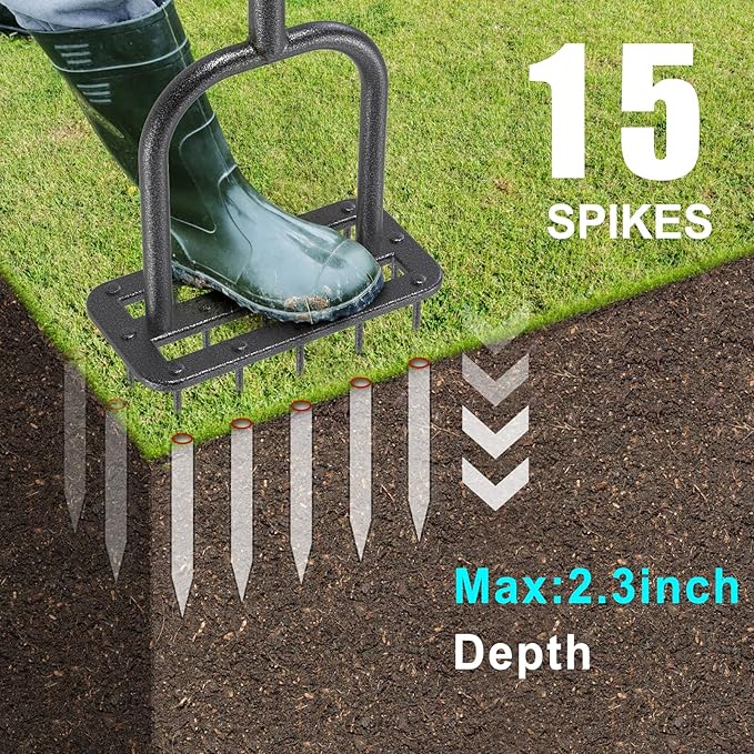BeneLabel Spike Lawn Aerator Hand Held Spike Manual Aerator Lawn Tool with 15 Metal Spikes Grass Aerators for Yard with Wide Foot Plate & Soft Rubber T-Handle Revives Lawn Health, Loosening Soil