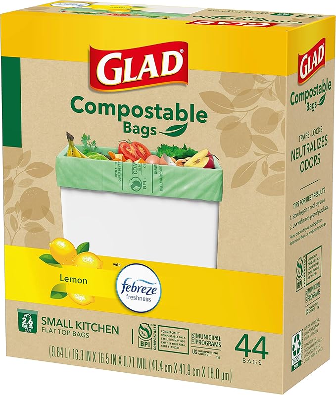Glad Trash Bags, Kitchen Compost Bags 2.6 Gallon Garbage Bags, 100% Compostable Bag, Febreze Lemon, 44 Count (Package May Vary), Light Yellow
