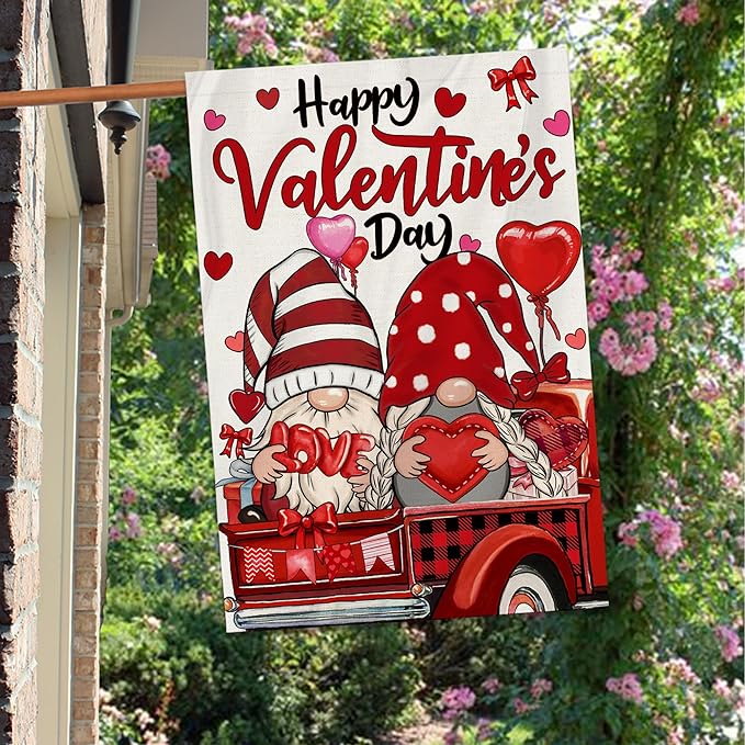 Valentines Gnomes House Flag, Happy Valentines Gnomes Outdoor Decor Gnomes Truck Flag 28x40 Double Sided Red, Valentine Decorations Burlap Flags Rustic Welcome Love Outdoor