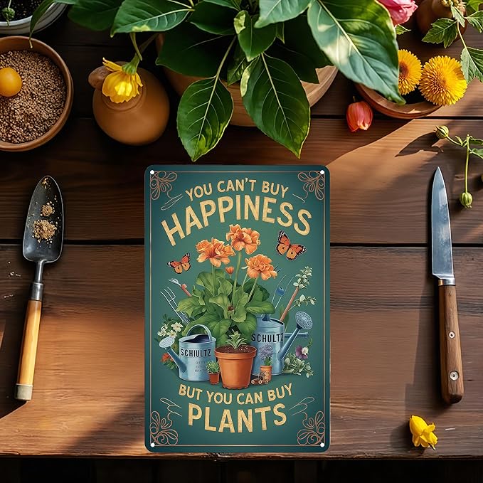 Funnysign Garden Gifts You Can't Buy Happiness But You Can Buy Plants Vintage Tin Sign for Home Garden Patio Yard Decor 8 X 12 Inch(3982)