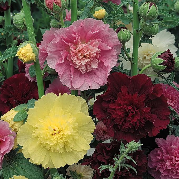 Seed Needs, Double Majorette Hollyhock Seeds - 100 Heirloom Seeds for Planting Alcea rosea - Mixed Biennial Flower that Attracts Pollinators to The Garden (5 Packs)