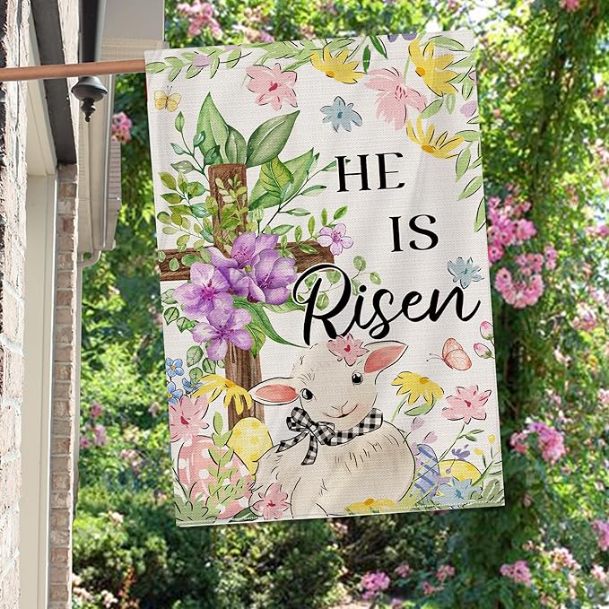 Easter Flag 28x40 Inch Double Sided Outside, He Is Risen Easter Flag Burlap Lamb Flowers Cross Decorations Outdoor Yard