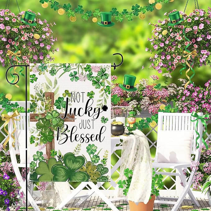 St Patricks Day Garden Flag 12x18 Inch Double Sided Outside, Not Lucky Just Blessed Shamrocks Clovers Cross Burlap Flag Decorations Outdoor Yard Decor