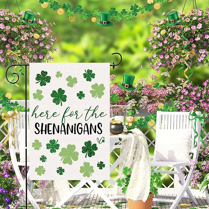 St Patricks Day Garden Flag 12x18 Inch Double Sided Outside, Here For The Shenanigans Shamrocks Clovers Burlap Flag Decorations Outdoor Yard Decor
