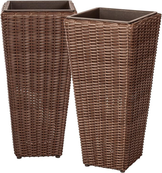 Balkene Home 62501 Alto Wicker All-Weather Planter Set with Liners Tall Plant Decor Box for Outdoors Patio Herb Garden Furnishings - Mocha - Pack of 2