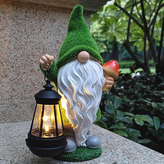 Gnomes Solar Garden Statues,Resin Gnome Figurine Decorations Holding Mushroom and Solar Lights Lantern, Outdoor Figurines Lawn Garden Statue Decor Art for Lawn,Yard, Balcony Ornament.