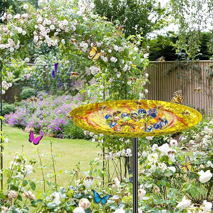 Bee Butterfly Water Station, MeyRolizn Metal Butterfly Puddler with Glass Marbles, Bee Bath Butterfly Feeders with 4 Prongs Base Stake for Outdoors Garden Yard Patio Decor(Ellipse)