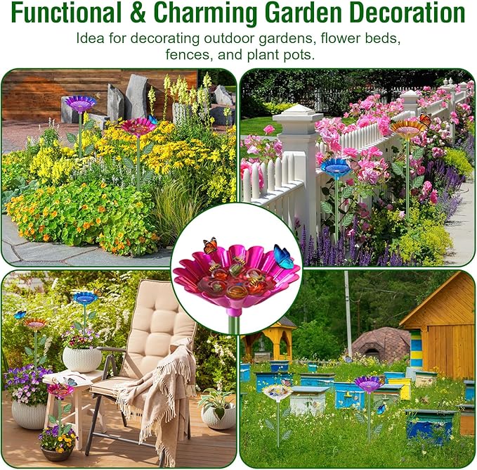 5 Pack Bee Watering Station, Metal Bee Feeder for Garden Flower Design Water Feeder for Outside Colorful Butterfly Bath Bowl for Thirsty Pollinators, Garden Yard Décor