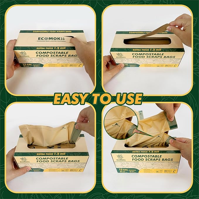 EcoMokii Compostable Trash Bags 13 Gallon with Drawstring, 60 Count, 49.2 Liter, 1.2 Mil Heavy Duty Compost Bags Extra Thick for Tall Kitchen Garbage Can, Unscented Food Waste Bag, BPI (ASTM D6400)