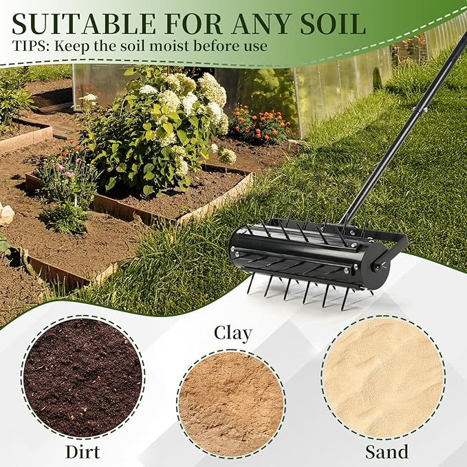 VINGLI Rolling Lawn Aerator with T-Shaped Handle, 17 inch Manual Aerator Tool, Lawn Aerator Spike Tool with 36 Spikes for Garden Yard Soil Health Maintaining, Black