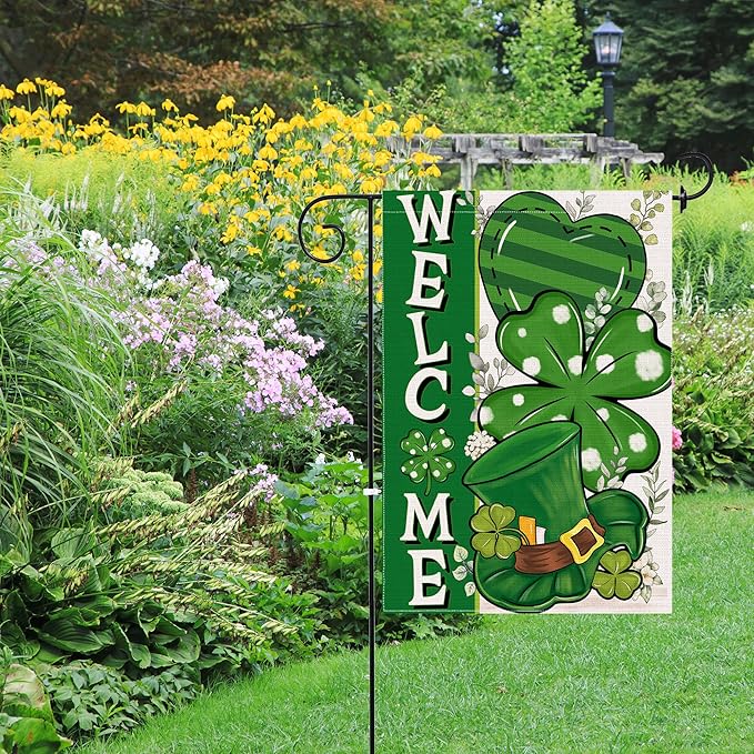 St Patricks Day Garden Flag, St Patricks Day Outdoor Decor Shamrock Clovers Yard Flag 12x18 Double Sided Green, St Patricks Day Decorations Burlap Garden Flags Rustic Welcome Outdoor Farmhouse