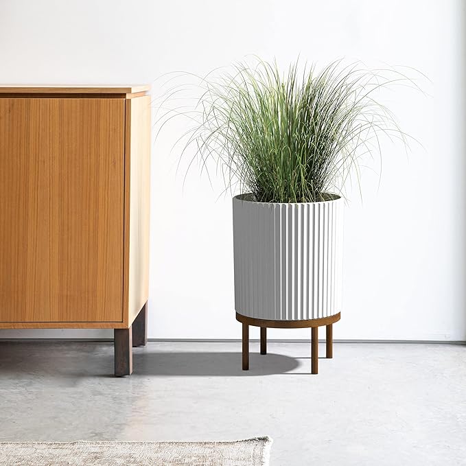 Veradek Demi Series Round Planter w/Stand for Porch/Patio | Durable Plastic-Stone Composite & Wooden Stand | Modern Décor for Tall Plants, Flowers