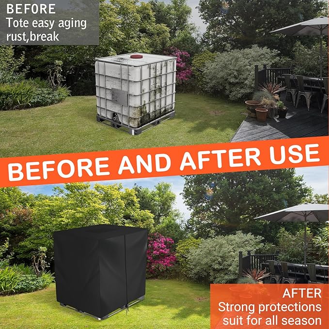 IBC Tote Cover, Outdoor Water Tank Covers Waterproof, 275 Gallon for 420D 1000L Garden Water Tank and Rain Barrel (Black)
