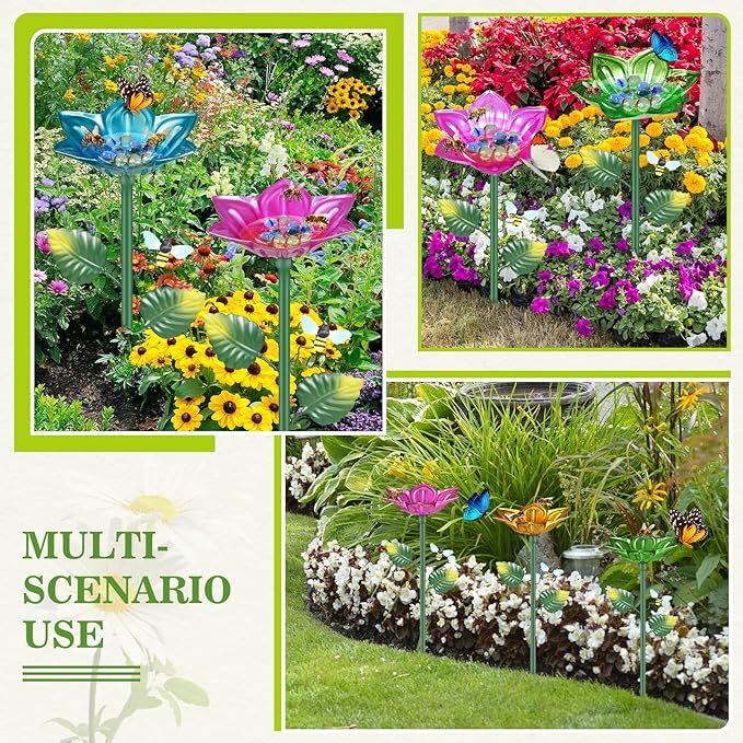 4 Pack Bee Watering Station Metal Butterfly Bee Water Feeder Cup, Maansfy Vivid Flower Butterfly Bath Bowl Bee Watering Cups for Thirsty Pollinators Outdoor Garden Yard Decor