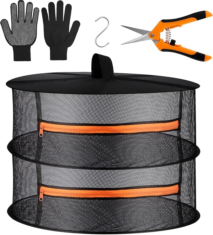 Desy & Feeci Herb Drying Rack- 2ft Diameter 2 Layer Folding Mesh Hanging Basket Dryer Net with Zippers for Seeds Flowers Buds Plants Garden Outdoor Bumper Harvest(D24xH16 inch)