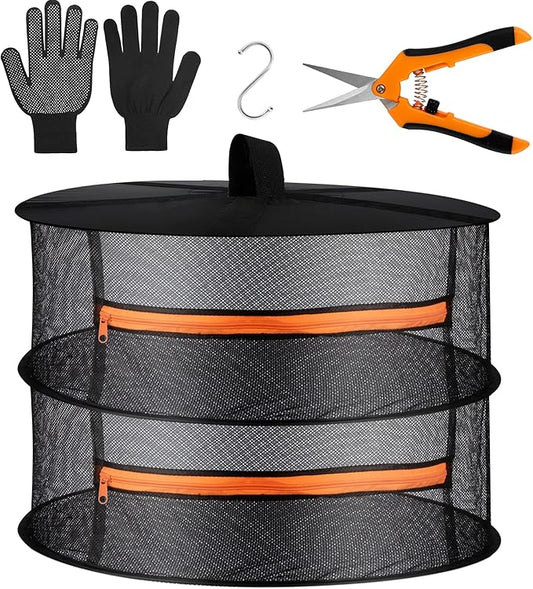 Desy & Feeci Herb Drying Rack- 2ft Diameter 2 Layer Folding Mesh Hanging Basket Dryer Net with Zippers for Seeds Flowers Buds Plants Garden Outdoor Bumper Harvest(D24xH16 inch)